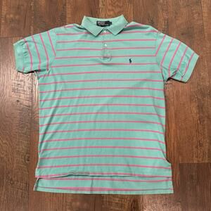 Vintage Polo Ralph Lauren Polo Shirt Teal And Pink Striped Polo Made In USA Sz L